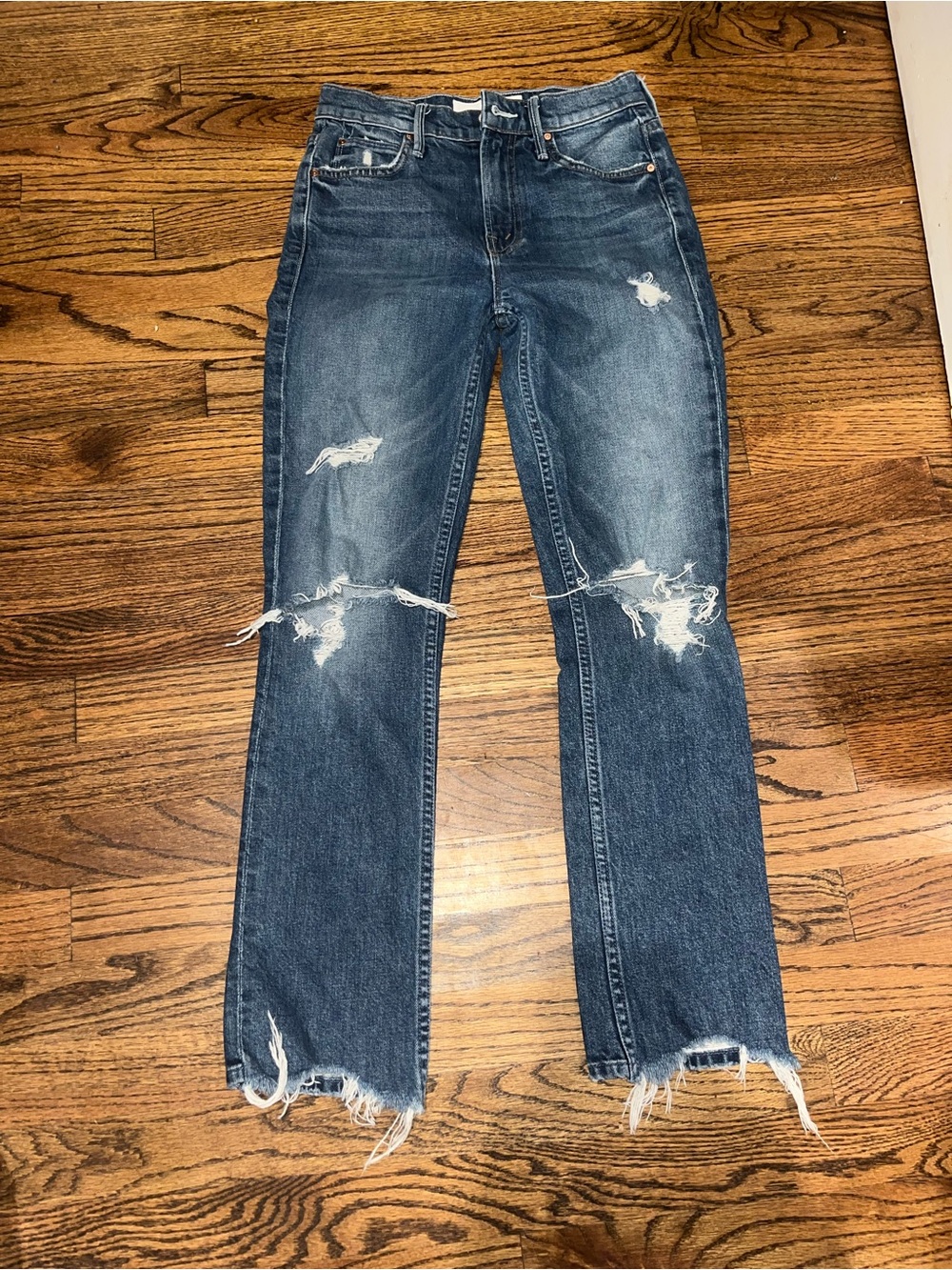 MOTHER Ripped Straight-Leg Jeans — Dark Blue Wash